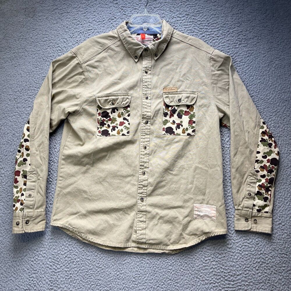 H & Dumar Shirt Mens XL Button Up Long Sleeve Camo Patches